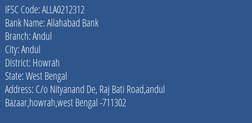 Allahabad Bank Andul Branch Howrah IFSC Code ALLA0212312
