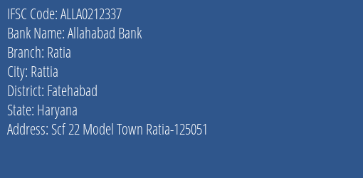 Allahabad Bank Ratia Branch Fatehabad IFSC Code ALLA0212337