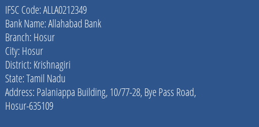 Allahabad Bank Hosur Branch Krishnagiri IFSC Code ALLA0212349