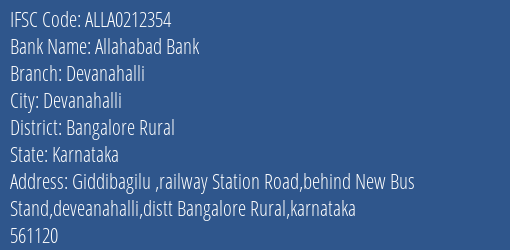 Allahabad Bank Devanahalli Branch Bangalore Rural IFSC Code ALLA0212354