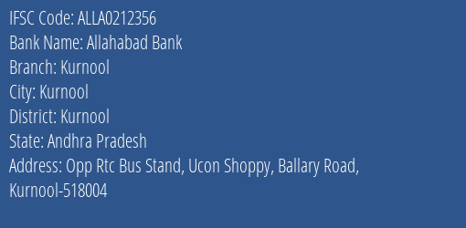 Allahabad Bank Kurnool Branch Kurnool IFSC Code ALLA0212356