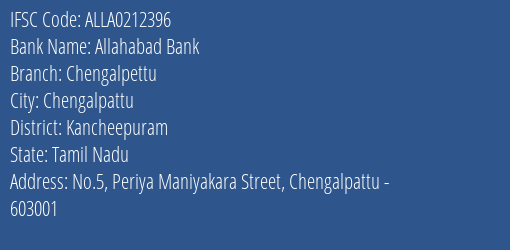 Allahabad Bank Chengalpettu Branch Kancheepuram IFSC Code ALLA0212396