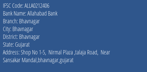 Allahabad Bank Bhavnagar Branch Bhavnagar IFSC Code ALLA0212406