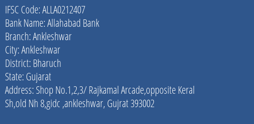 Allahabad Bank Ankleshwar Branch Bharuch IFSC Code ALLA0212407