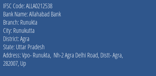 Allahabad Bank Runukta Branch Agra IFSC Code ALLA0212538