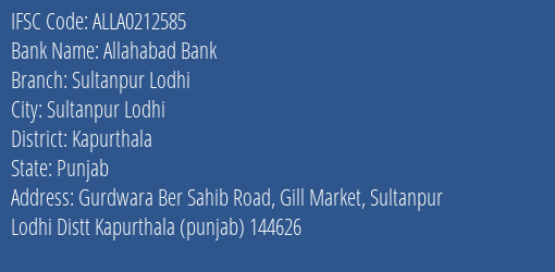 Allahabad Bank Sultanpur Lodhi Branch Kapurthala IFSC Code ALLA0212585