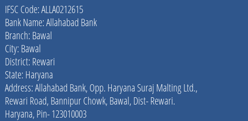 Allahabad Bank Bawal Branch Rewari IFSC Code ALLA0212615