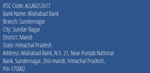Allahabad Bank Sundernagar Branch Mandi IFSC Code ALLA0212617