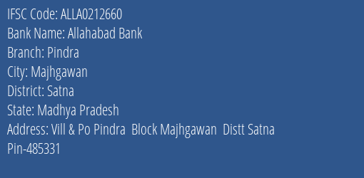 Allahabad Bank Pindra Branch Satna IFSC Code ALLA0212660