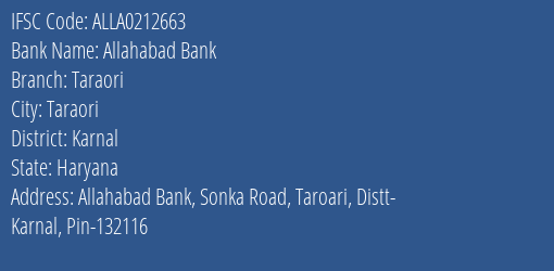 Allahabad Bank Taraori Branch Karnal IFSC Code ALLA0212663