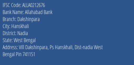 Allahabad Bank Dakshinpara Branch Nadia IFSC Code ALLA0212676