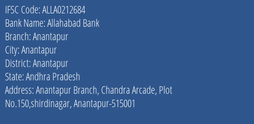 Allahabad Bank Anantapur Branch Anantapur IFSC Code ALLA0212684