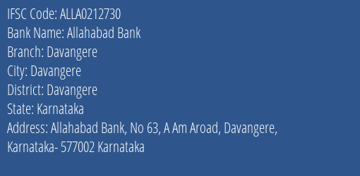 Allahabad Bank Davangere Branch Davangere IFSC Code ALLA0212730