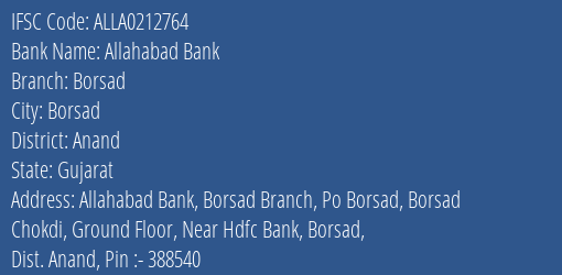 Allahabad Bank Borsad Branch Anand IFSC Code ALLA0212764
