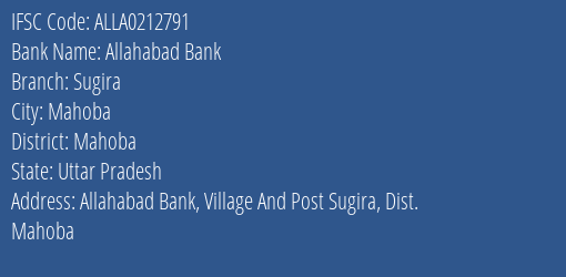 Allahabad Bank Sugira Branch Mahoba IFSC Code ALLA0212791