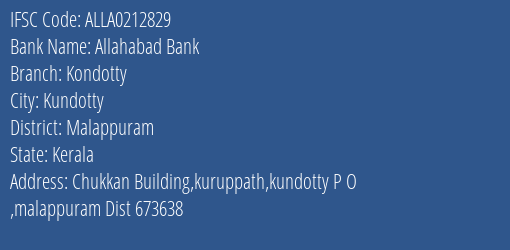 Allahabad Bank Kondotty Branch Malappuram IFSC Code ALLA0212829