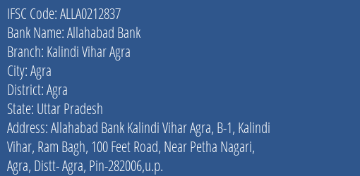Allahabad Bank Kalindi Vihar Agra Branch Agra IFSC Code ALLA0212837