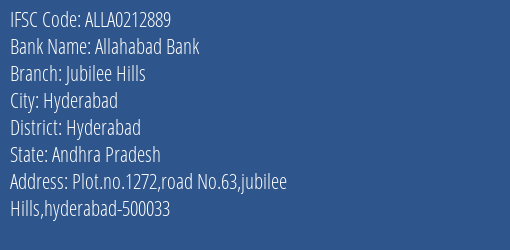 Allahabad Bank Jubilee Hills Branch Hyderabad IFSC Code ALLA0212889