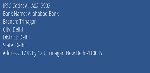 Allahabad Bank Trinagar Branch Delhi IFSC Code ALLA0212902