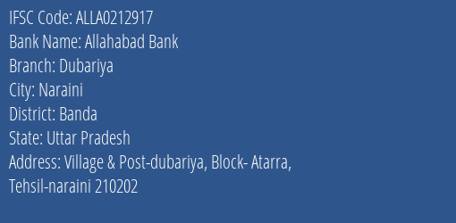 Allahabad Bank Dubariya Branch Banda IFSC Code ALLA0212917