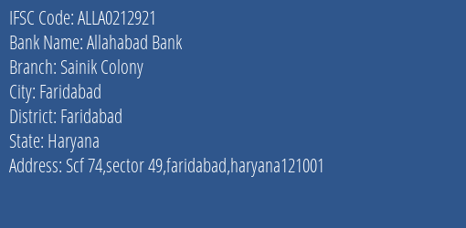 Allahabad Bank Sainik Colony Branch Faridabad IFSC Code ALLA0212921