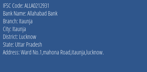 Allahabad Bank Itaunja Branch Lucknow IFSC Code ALLA0212931