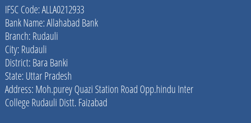 Allahabad Bank Rudauli Branch Bara Banki IFSC Code ALLA0212933