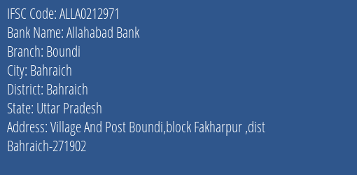 Allahabad Bank Boundi Branch Bahraich IFSC Code ALLA0212971