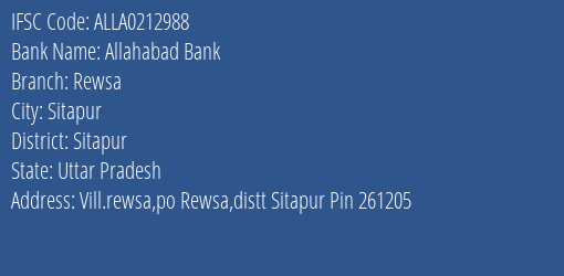 Allahabad Bank Rewsa Branch Sitapur IFSC Code ALLA0212988