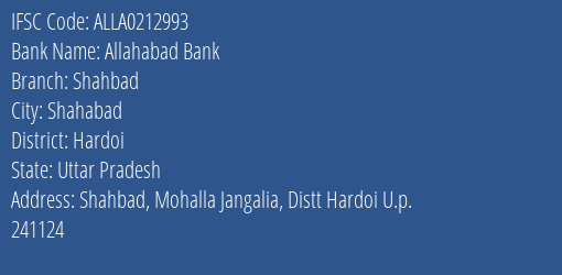 Allahabad Bank Shahbad Branch Hardoi IFSC Code ALLA0212993