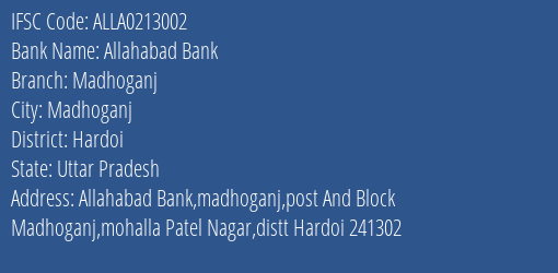 Allahabad Bank Madhoganj Branch Hardoi IFSC Code ALLA0213002
