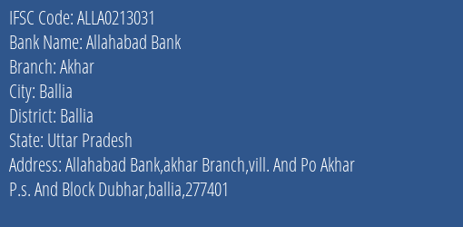 Allahabad Bank Akhar Branch Ballia IFSC Code ALLA0213031
