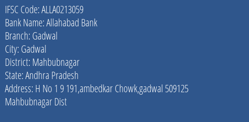 Allahabad Bank Gadwal Branch Mahbubnagar IFSC Code ALLA0213059
