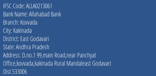 Allahabad Bank Kovvada Branch East Godavari IFSC Code ALLA0213061