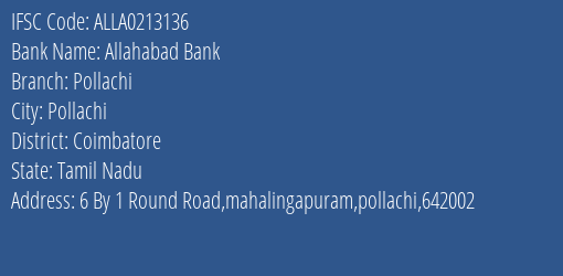 Allahabad Bank Pollachi Branch Coimbatore IFSC Code ALLA0213136