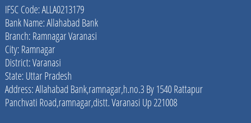 Allahabad Bank Ramnagar Varanasi Branch Varanasi IFSC Code ALLA0213179
