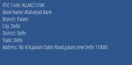 Allahabad Bank Palam Branch Delhi IFSC Code ALLA0213184