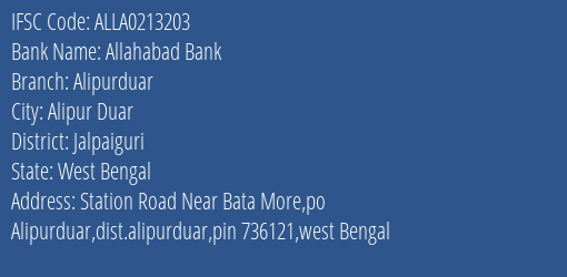 Allahabad Bank Alipurduar Branch Jalpaiguri IFSC Code ALLA0213203