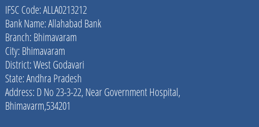 Allahabad Bank Bhimavaram Branch West Godavari IFSC Code ALLA0213212