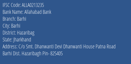 Allahabad Bank Barhi Branch Hazaribag IFSC Code ALLA0213235