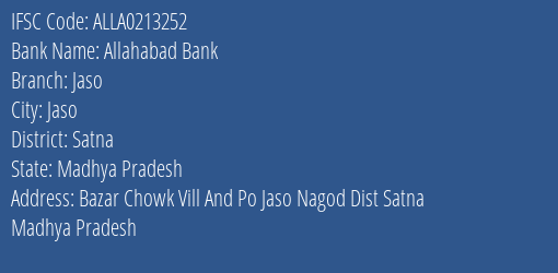 Allahabad Bank Jaso Branch Satna IFSC Code ALLA0213252