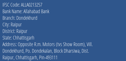 Allahabad Bank Dondekhurd Branch Raipur IFSC Code ALLA0213257