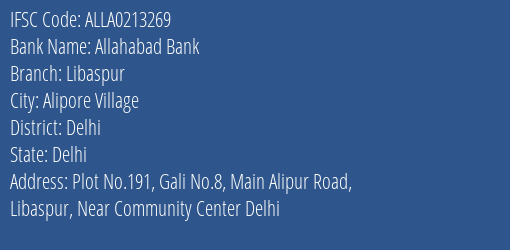 Allahabad Bank Libaspur Branch Delhi IFSC Code ALLA0213269