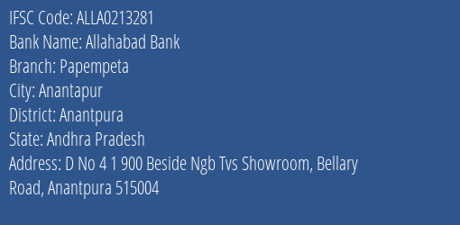 Allahabad Bank Papempeta Branch Anantpura IFSC Code ALLA0213281
