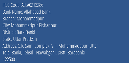 Allahabad Bank Mohammadpur Branch Bara Banki IFSC Code ALLA0213286