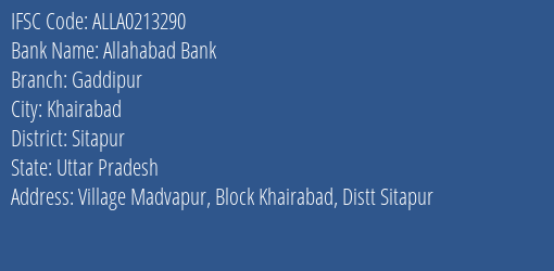 Allahabad Bank Gaddipur Branch Sitapur IFSC Code ALLA0213290