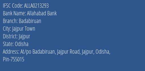 Allahabad Bank Badabiruan Branch Jajpur IFSC Code ALLA0213293