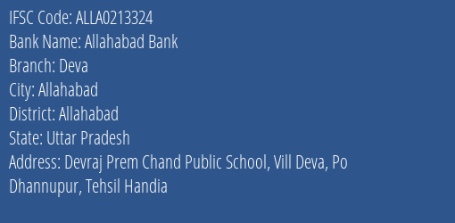 Allahabad Bank Deva Branch Allahabad IFSC Code ALLA0213324
