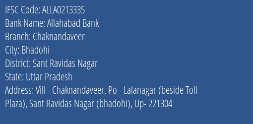 Allahabad Bank Chaknandaveer Branch Sant Ravidas Nagar IFSC Code ALLA0213335