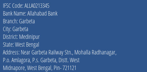 Allahabad Bank Garbeta Branch Medinipur IFSC Code ALLA0213345